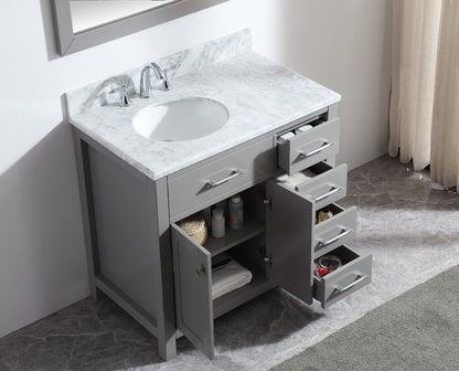 MS-2136R-WMRO-CG Cashmere Gray Caroline Parkway 36" Single Bath Vanity Set with Italian Carrara White Marble Top & Oval Left Offset Basin, Mirror open up