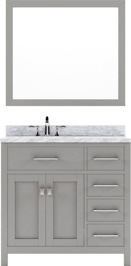MS-2136R-WMRO-CG Cashmere Gray Caroline Parkway 36" Single Bath Vanity Set with Italian Carrara White Marble Top & Oval Left Offset Basin, Mirror