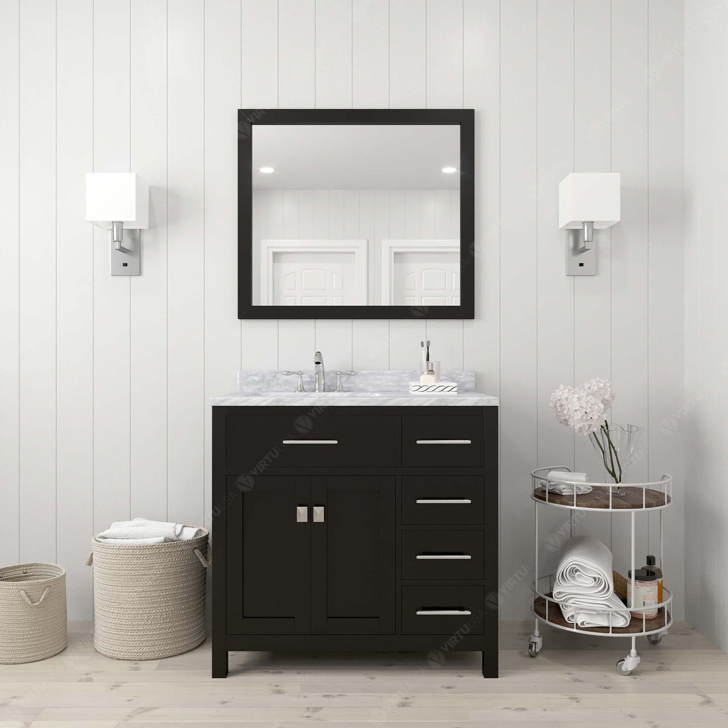 MS-2136R-WMRO-ES Espresso Caroline Parkway 36" Single Bath Vanity Set with Italian Carrara White Marble Top & Oval Left Offset Basin, Mirror styled