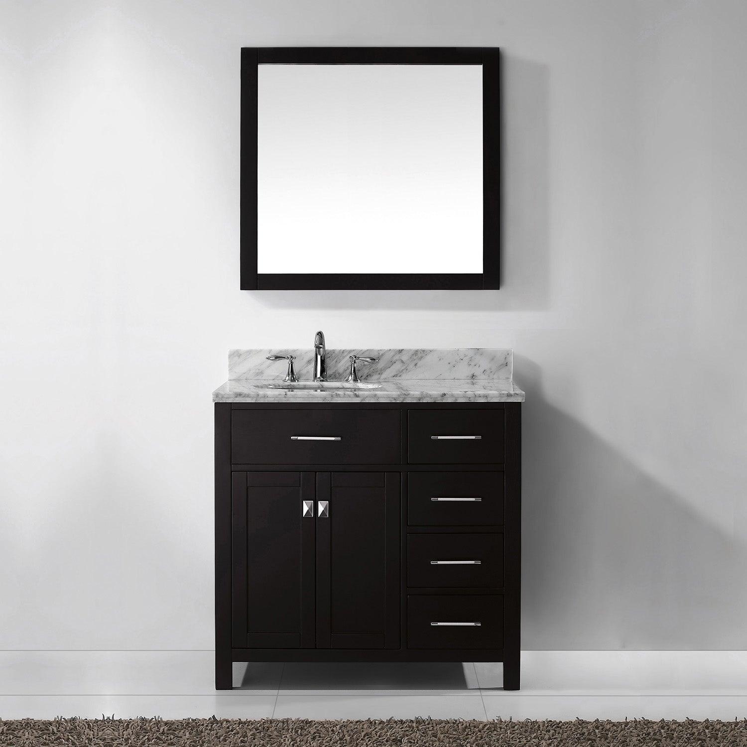 MS-2136R-WMRO-ES Espresso Caroline Parkway 36" Single Bath Vanity Set with Italian Carrara White Marble Top & Oval Left Offset Basin, Mirror