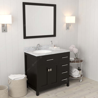 MS-2136R-WMRO-ES Espresso Caroline Parkway 36" Single Bath Vanity Set with Italian Carrara White Marble Top & Oval Left Offset Basin, Mirror side