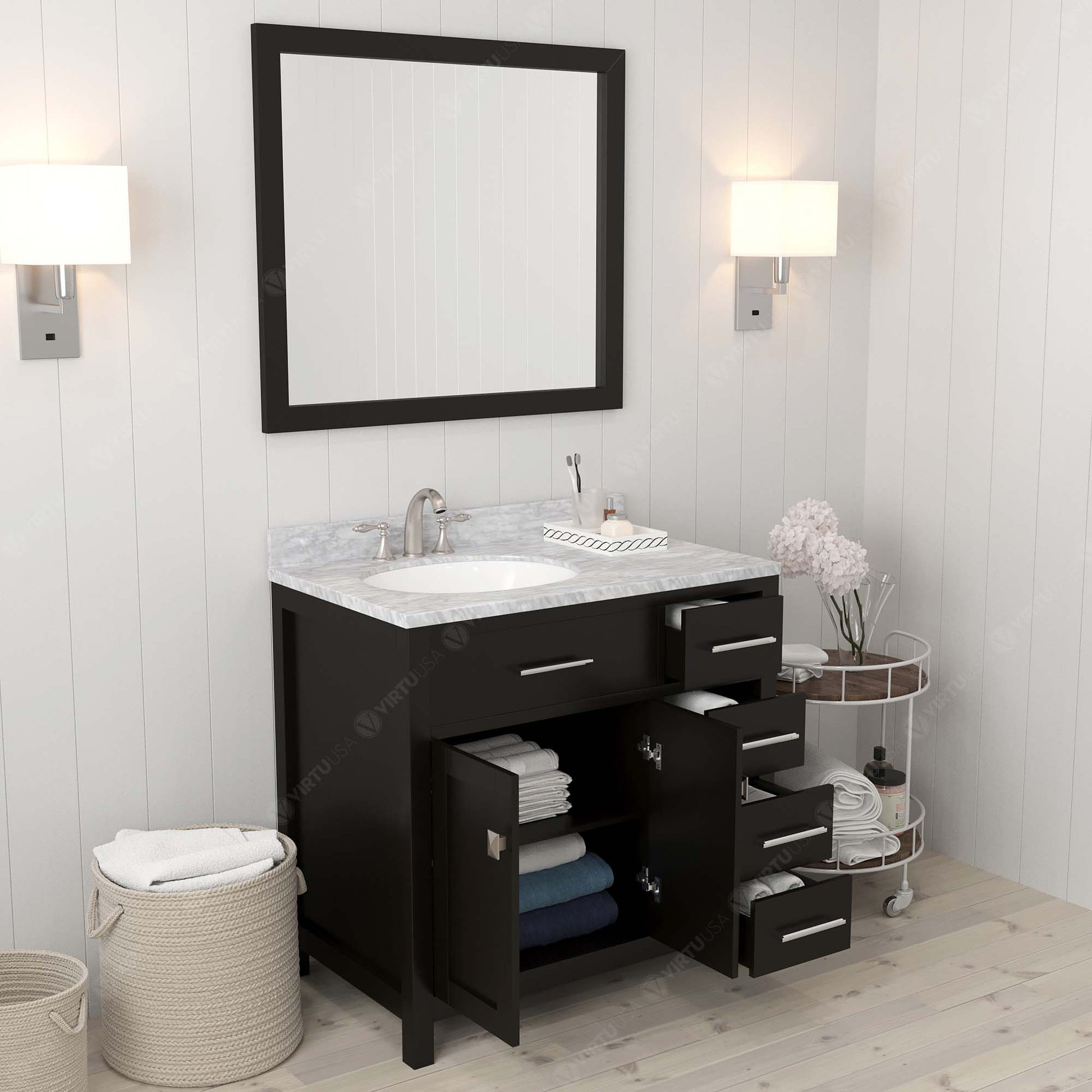 MS-2136R-WMRO-ES Espresso Caroline Parkway 36" Single Bath Vanity Set with Italian Carrara White Marble Top & Oval Left Offset Basin, Mirror open