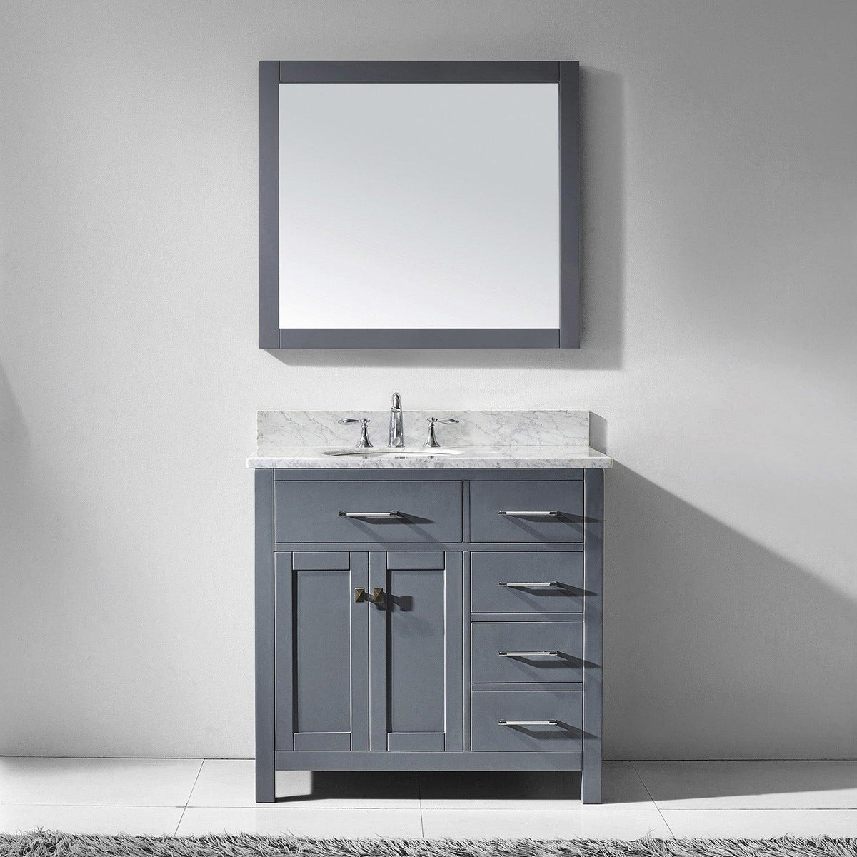 MS-2136R-WMRO-GR Gray Caroline Parkway 36" Single Bath Vanity Set with Italian Carrara White Marble Top & Oval Left Offset Basin, Mirror