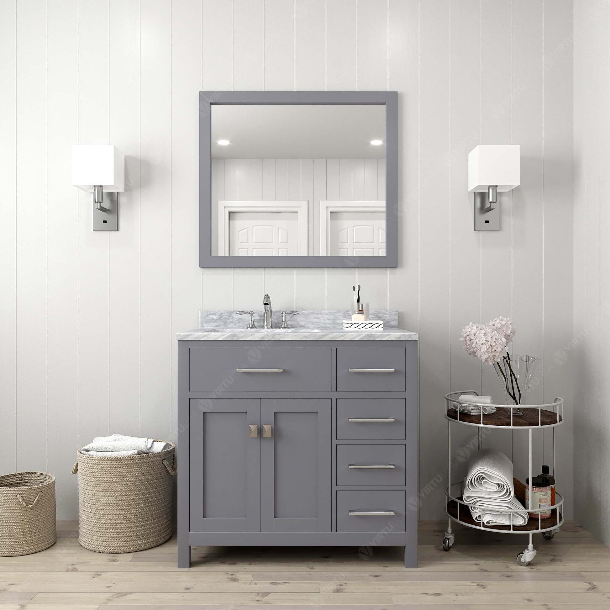 MS-2136R-WMRO-GR Gray Caroline Parkway 36" Single Bath Vanity Set with Italian Carrara White Marble Top & Oval Left Offset Basin, Mirror styled