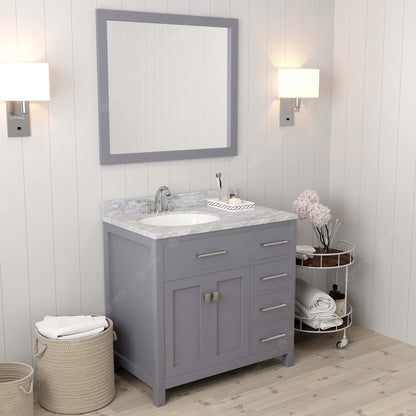 MS-2136R-WMRO-GR Gray Caroline Parkway 36" Single Bath Vanity Set with Italian Carrara White Marble Top & Oval Left Offset Basin, Mirror side