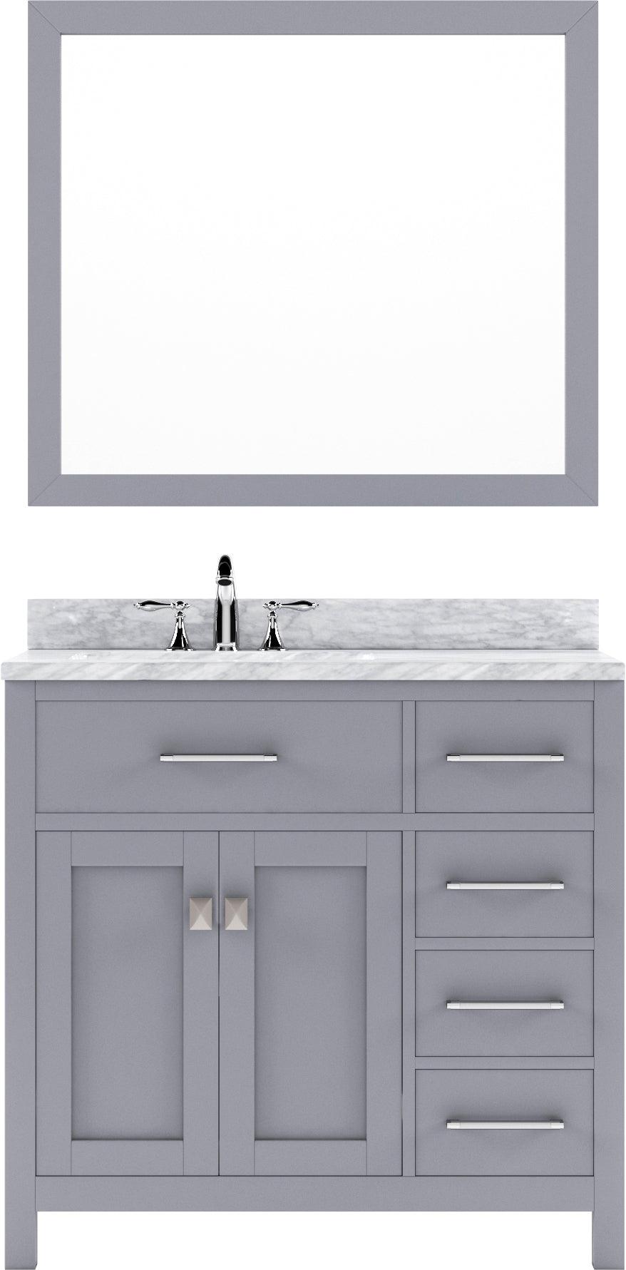MS-2136R-WMRO-GR Gray Caroline Parkway 36" Single Bath Vanity Set with Italian Carrara White Marble Top & Oval Left Offset Basin, Mirror
