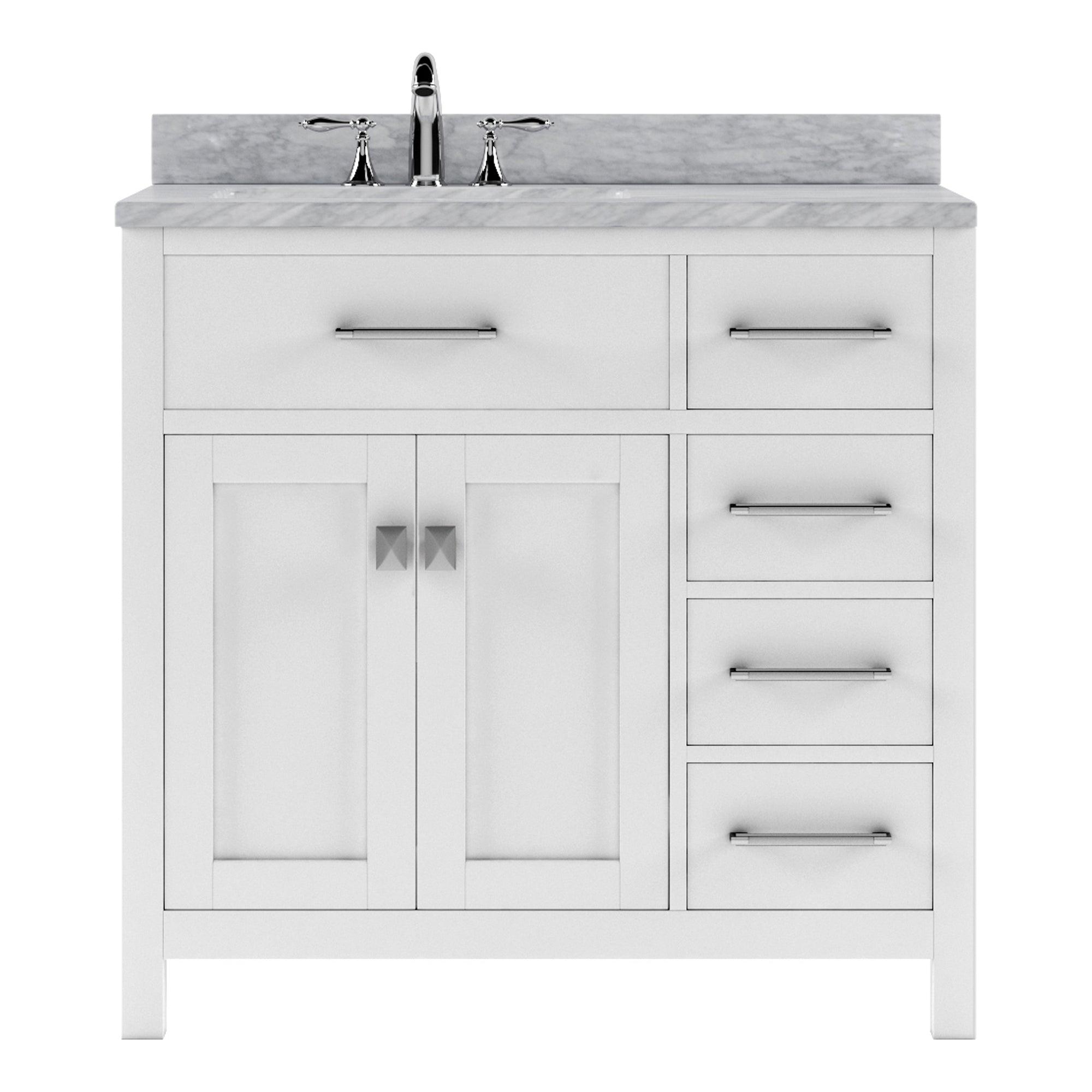 MS-2136R-WMRO-WH White Caroline Parkway 36" Single Bath Vanity Set with Italian Carrara White Marble Top & Oval Left Offset Basin