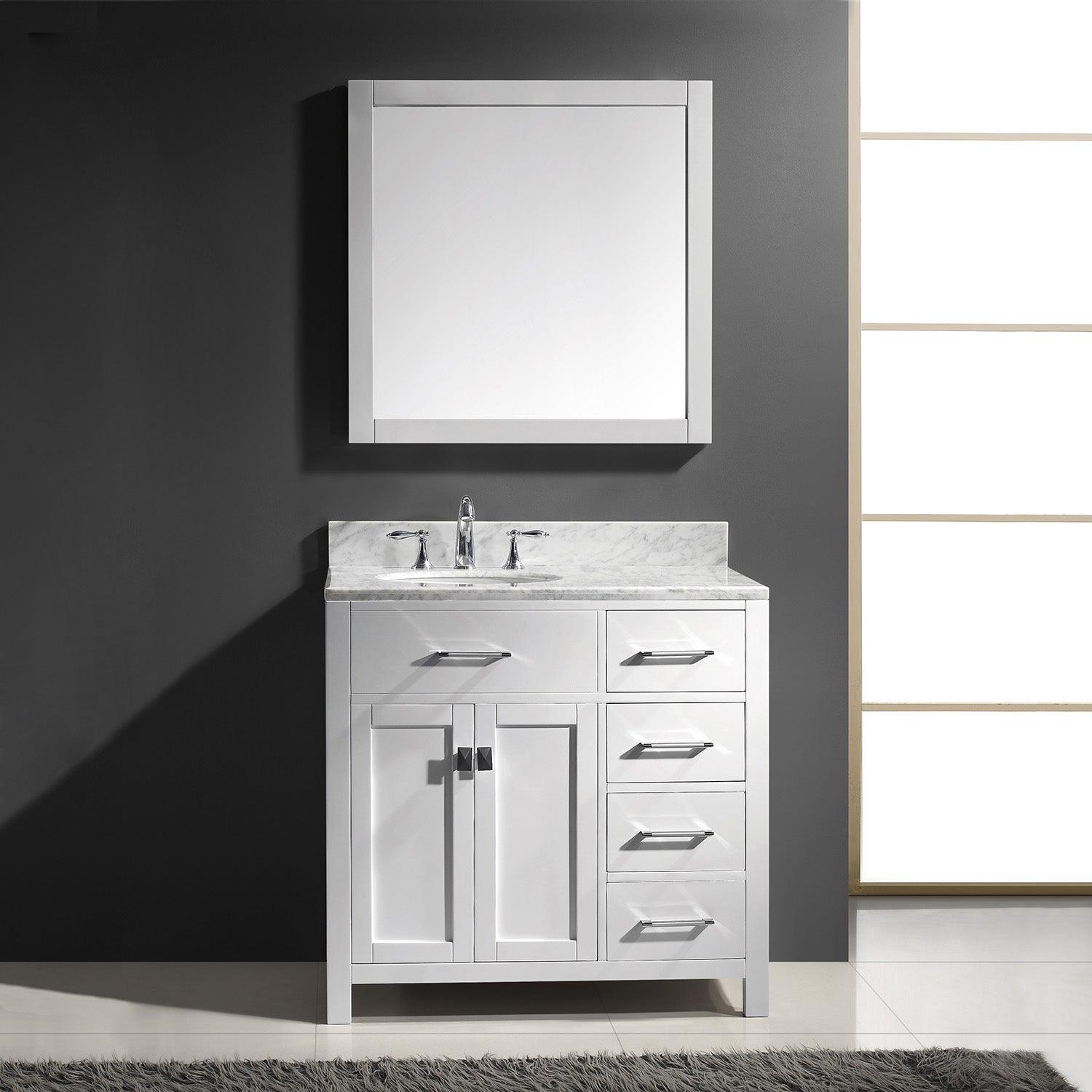 MS-2136R-WMRO-WH White Caroline Parkway 36" Single Bath Vanity Set with Italian Carrara White Marble Top & Oval Left Offset Basin, Mirror