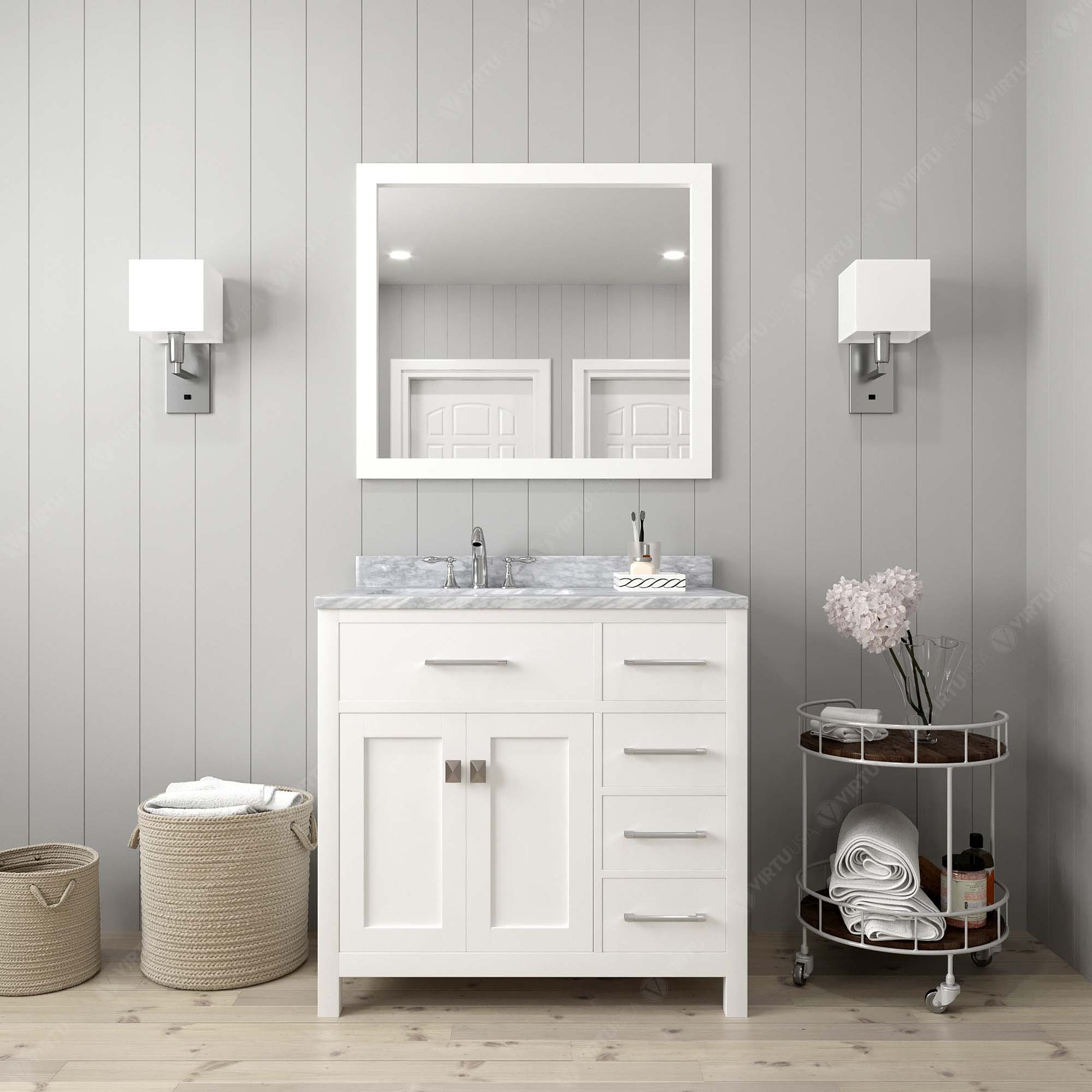 MS-2136R-WMRO-WH White Caroline Parkway 36" Single Bath Vanity Set with Italian Carrara White Marble Top & Oval Left Offset Basin, Mirror styled