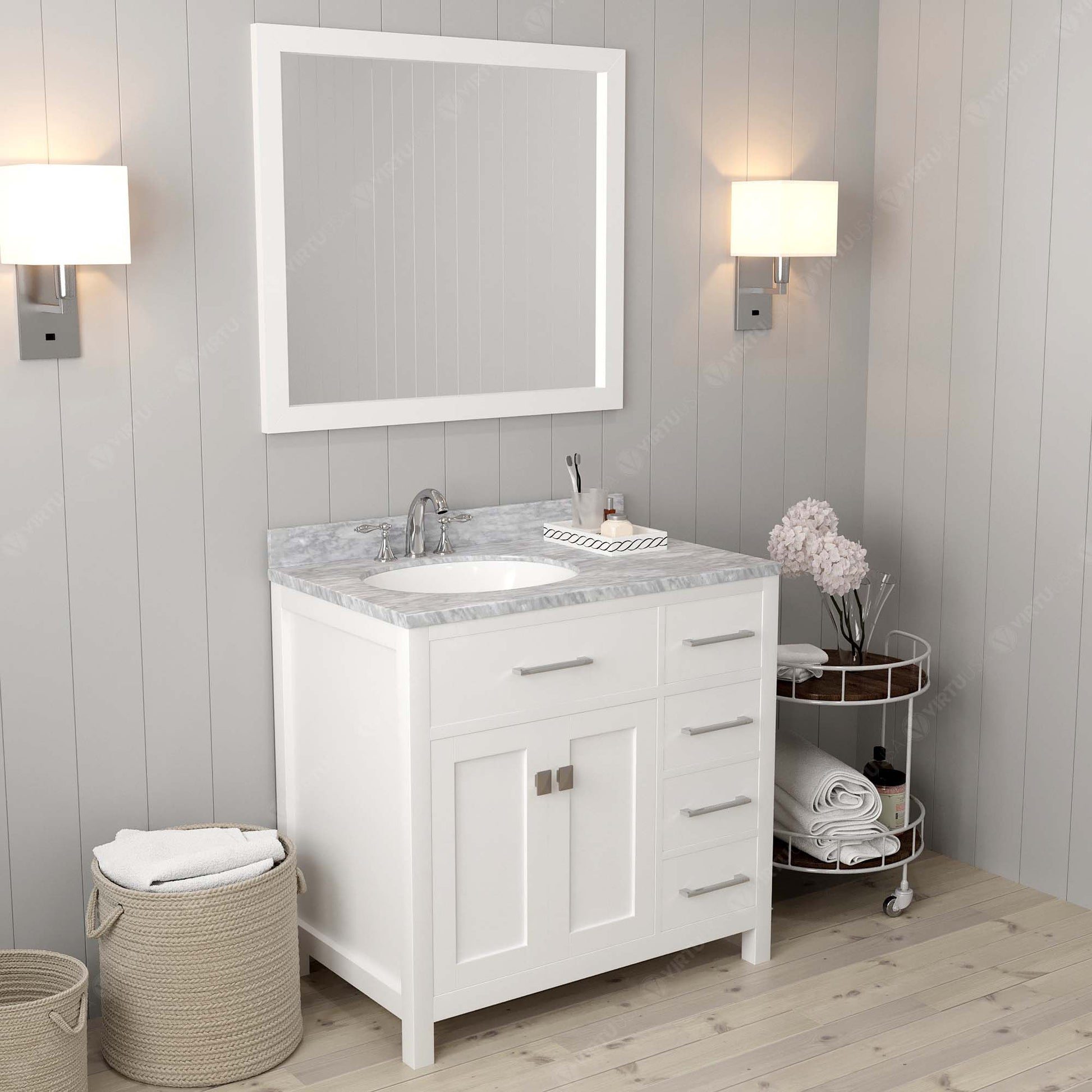 MS-2136R-WMRO-WH White Caroline Parkway 36" Single Bath Vanity Set with Italian Carrara White Marble Top & Oval Left Offset Basin, Mirror side