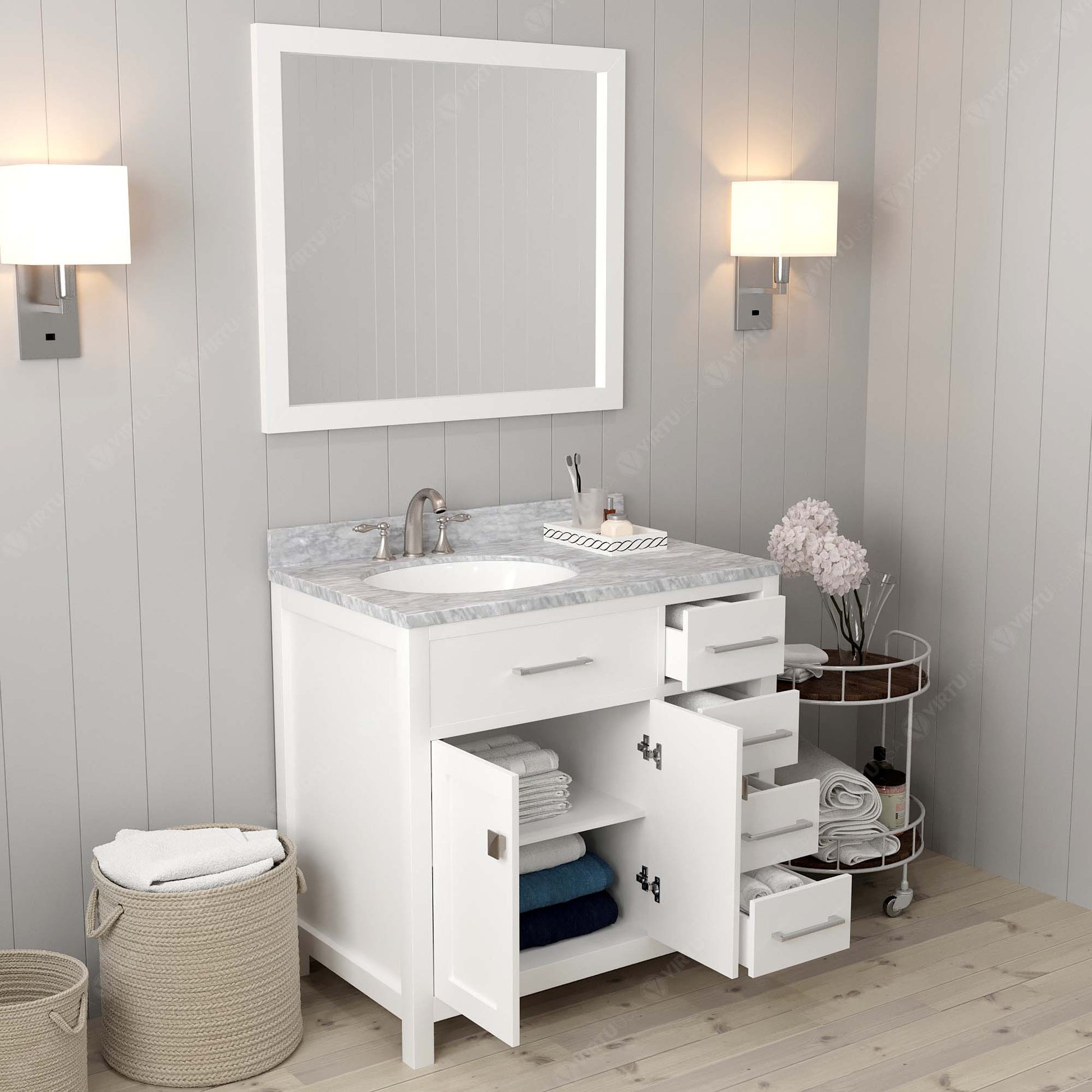 MS-2136R-WMRO-WH White Caroline Parkway 36" Single Bath Vanity Set with Italian Carrara White Marble Top & Oval Left Offset Basin, Mirror open