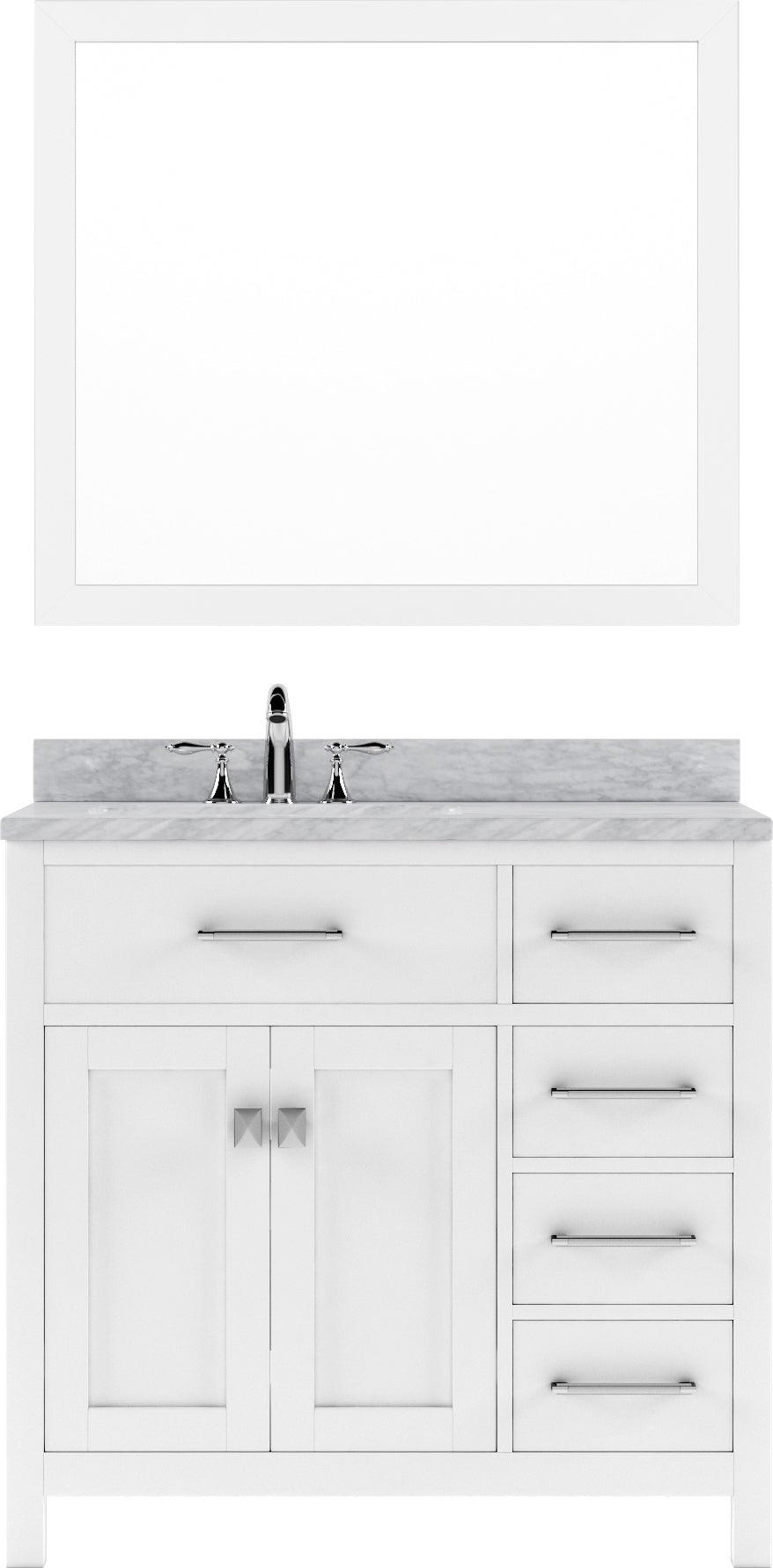 MS-2136R-WMRO-WH White Caroline Parkway 36" Single Bath Vanity Set with Italian Carrara White Marble Top & Oval Left Offset Basin, Mirror