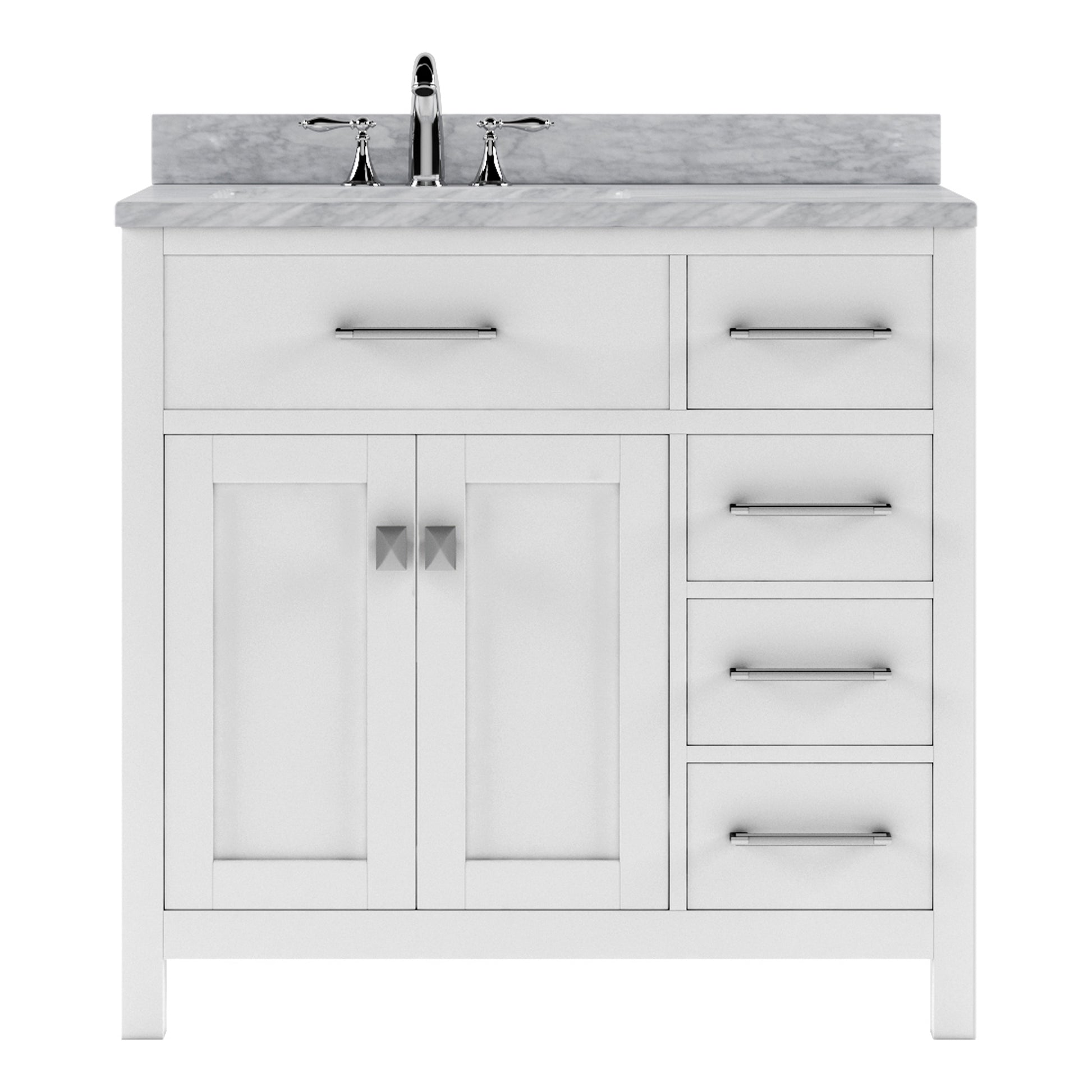 MS-2136R-WMSQ-WH White Caroline Parkway 36" Single Bath Vanity Set with Italian Carrara White Marble Top & Rectangular Left Offset Basin