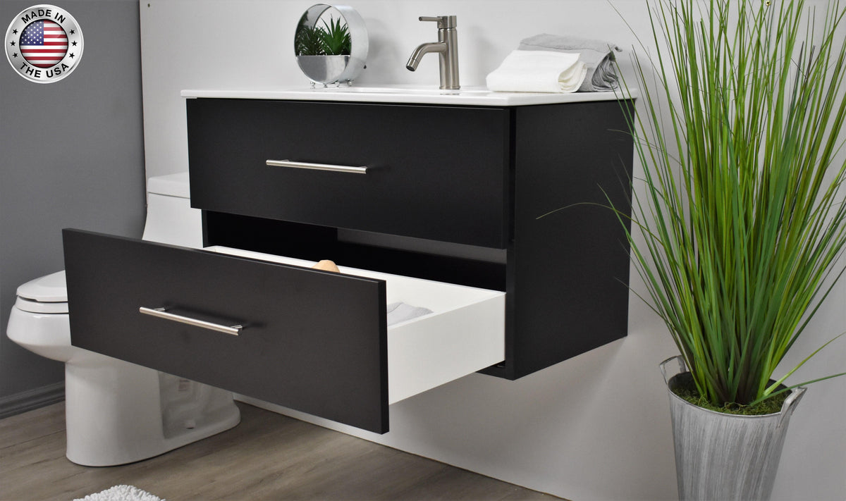 Volpa USA Napa 36" Modern Wall-Mounted Floating Bathroom Vanity Black MTD-3336BK-1 aomiu