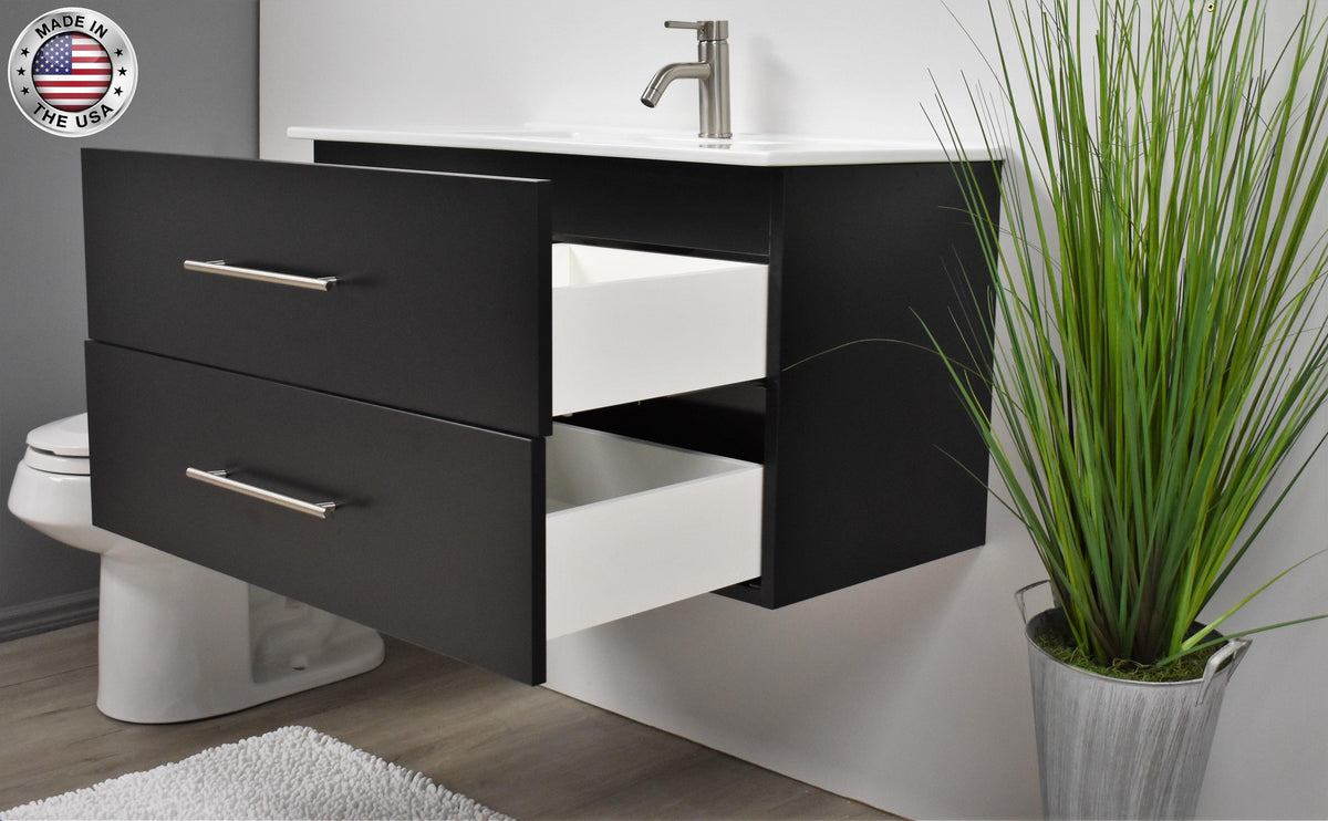 Volpa USA Napa 36" Modern Wall-Mounted Floating Bathroom Vanity Black MTD-3336BK-1 atomiu