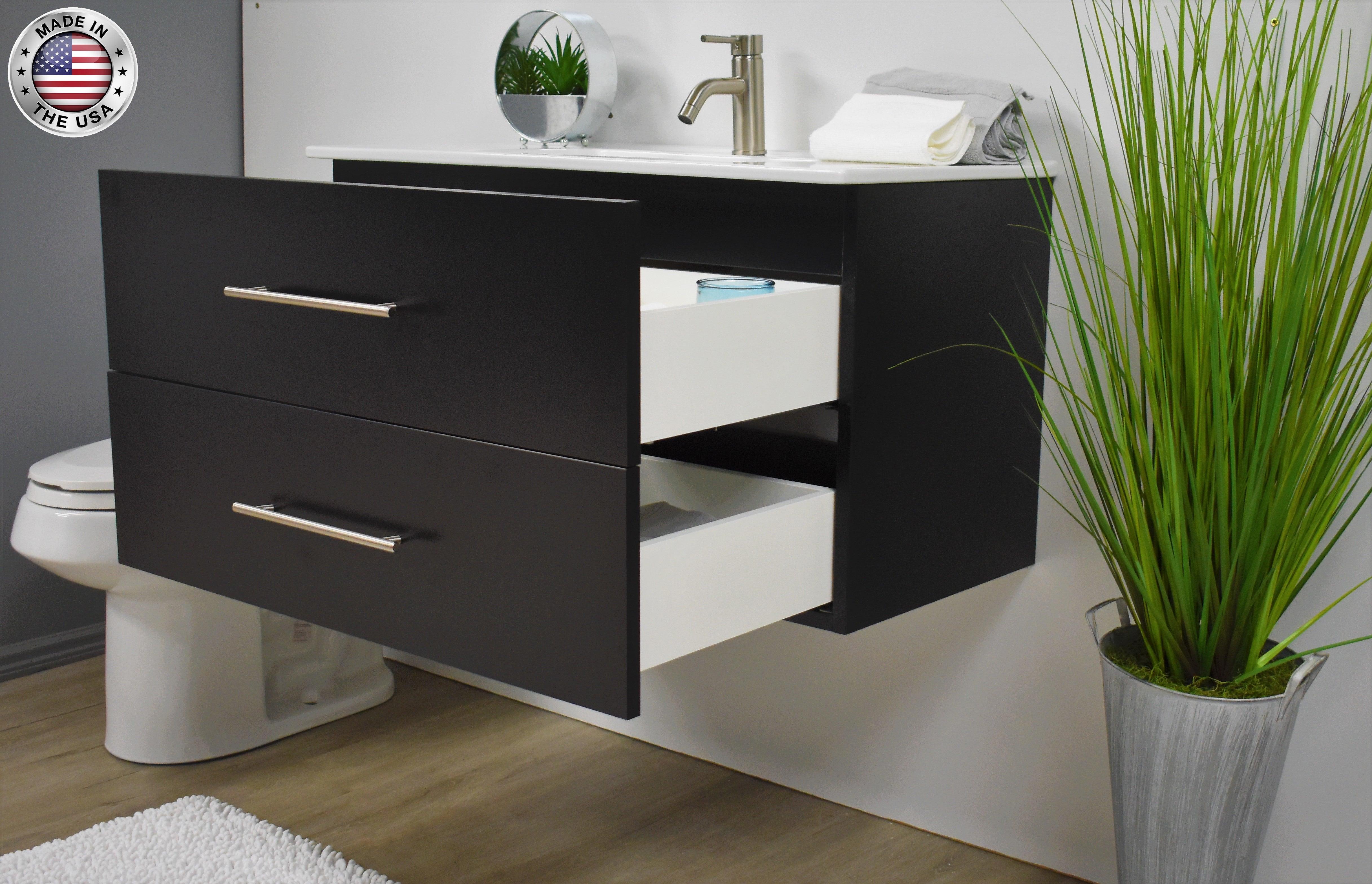 Volpa USA Napa 36" Modern Wall-Mounted Floating Bathroom Vanity Black MTD-3336BK-11 atomiu