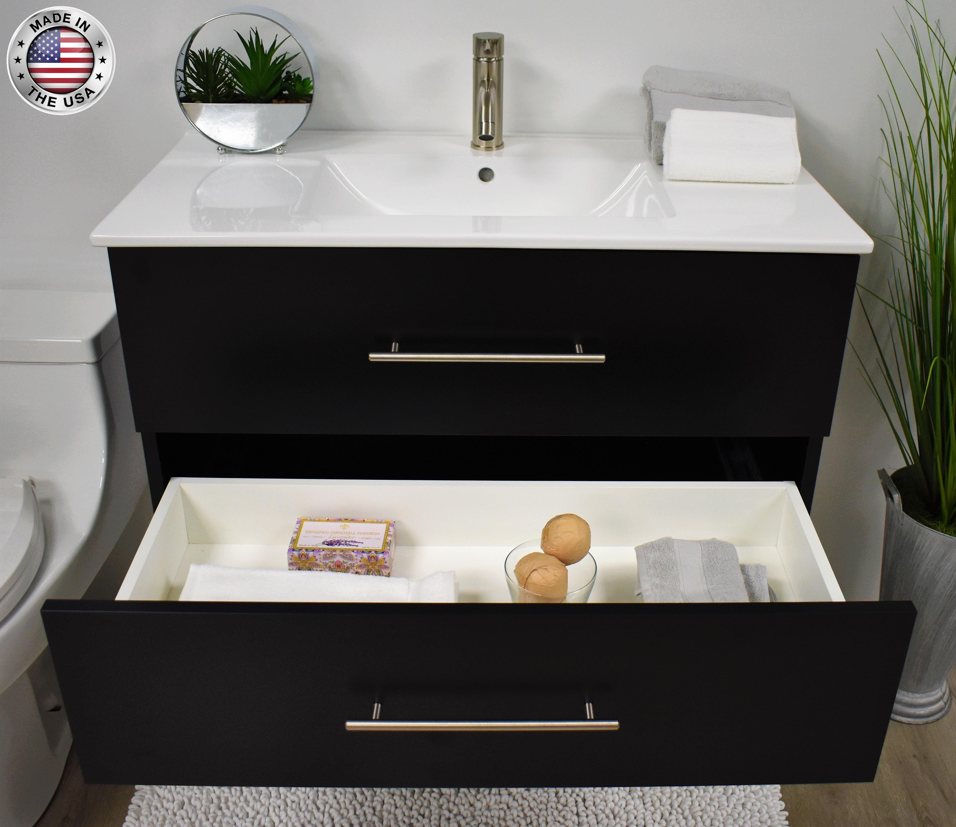 Volpa USA Napa 36" Modern Wall-Mounted Floating Bathroom Vanity Black MTD-3336BK-1 bdomiu