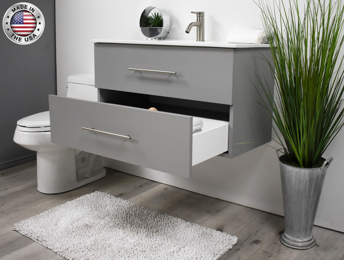 Volpa USA Napa 36" Modern Wall-Mounted Floating Bathroom Vanity Grey MTD-3336G-1 aomiu