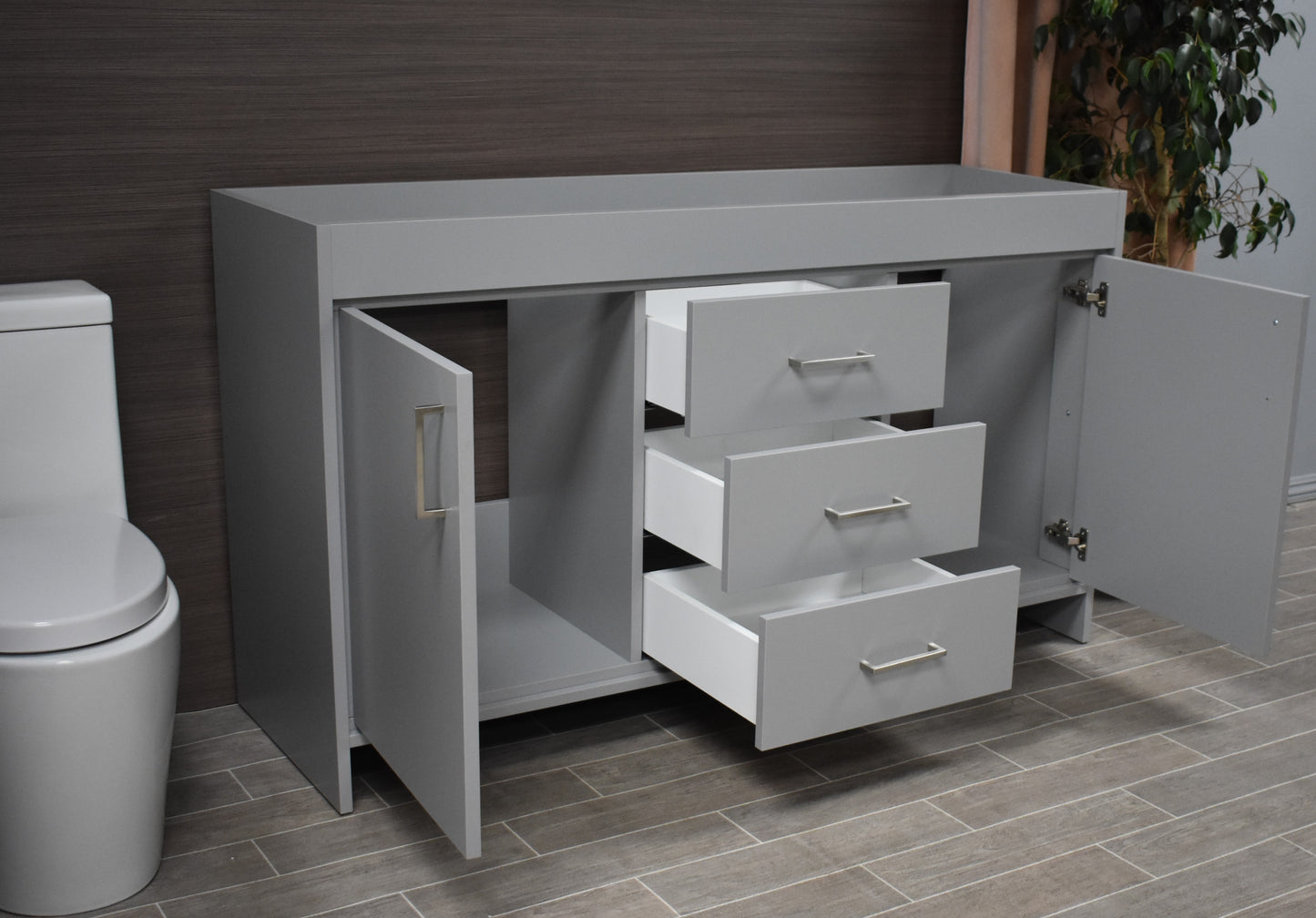 Rio 60" Double Sink Cabinet only Grey MTD-360DG-0angleopen