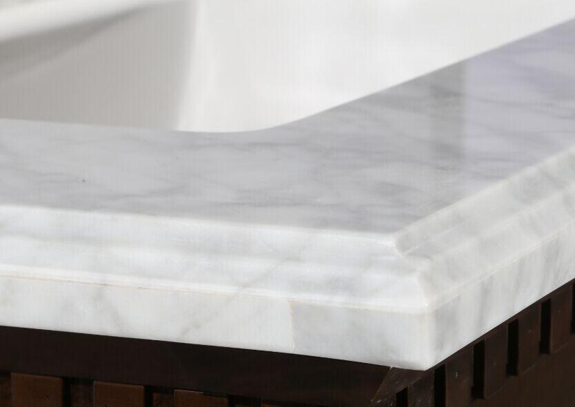 Legion 36" Antique Coffee Sink Vanity with Carrara White Top and Matching Backsplash Without Faucet - Close up