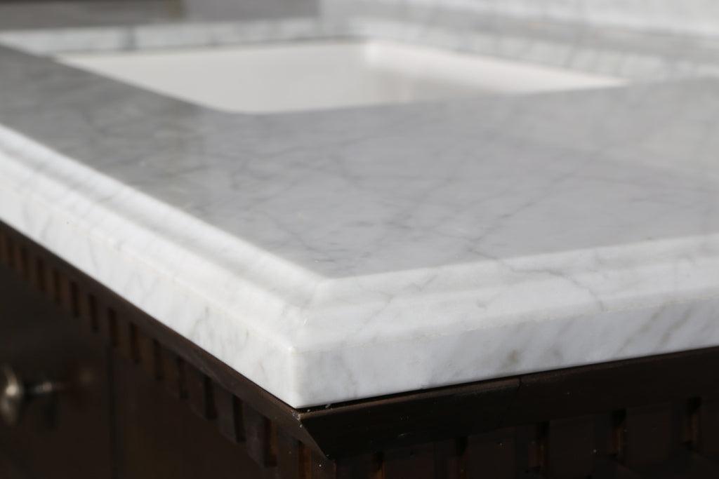 Legion 36" Antique Coffee Sink Vanity with Carrara White Top and Matching Backsplash Without Faucet - Close Up