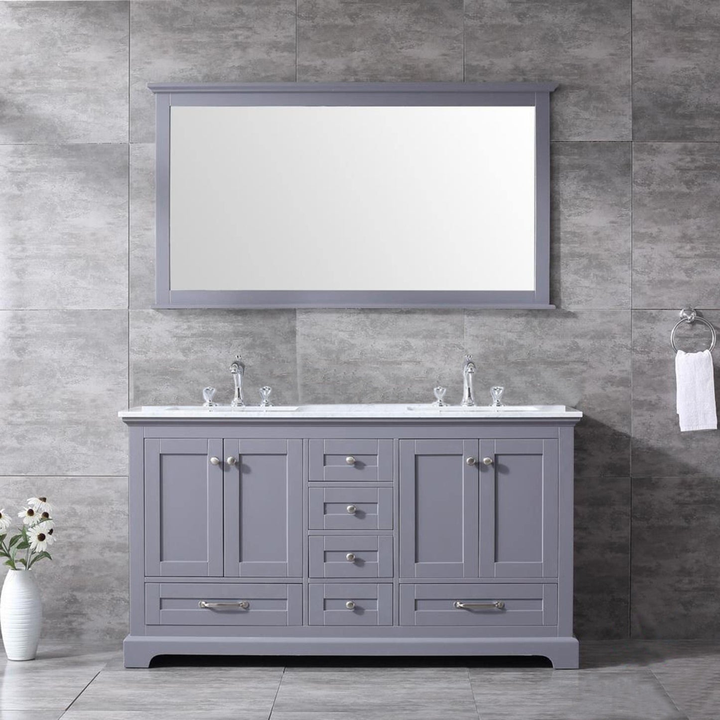 Dukes 60" White, Dark Grey, Navy Blue or Espresso Double Vanity, Available with White Carrara Marble Top, White Square Sink, 58" LED Mirror and Faucet - The Bath Vanities