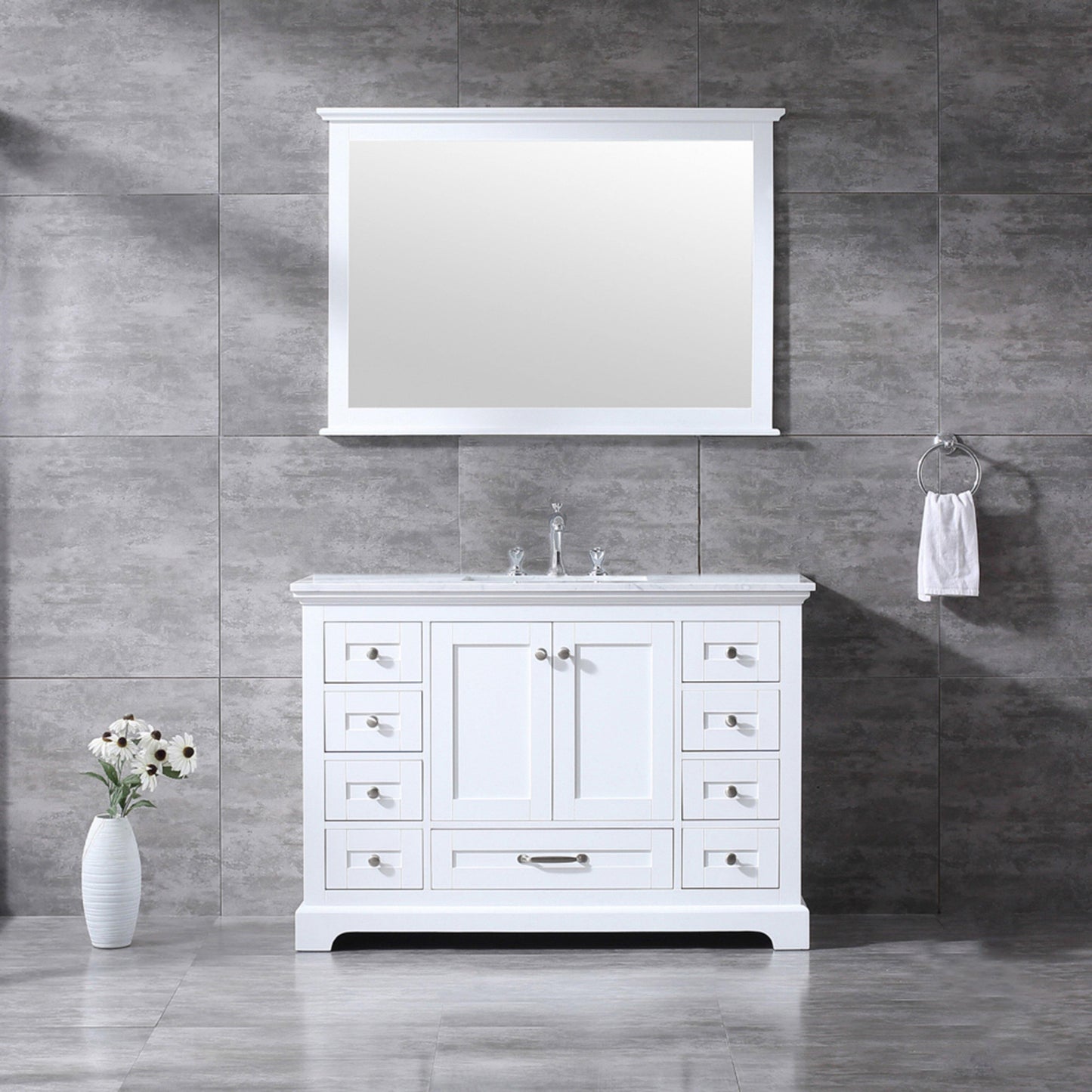 Dukes 48" White, Dark Grey, Navy Blue or Espresso Single Vanity, Available with White Carrara Marble Top, White Square Sink, 36" LED Mirror and Faucet - The Bath Vanities