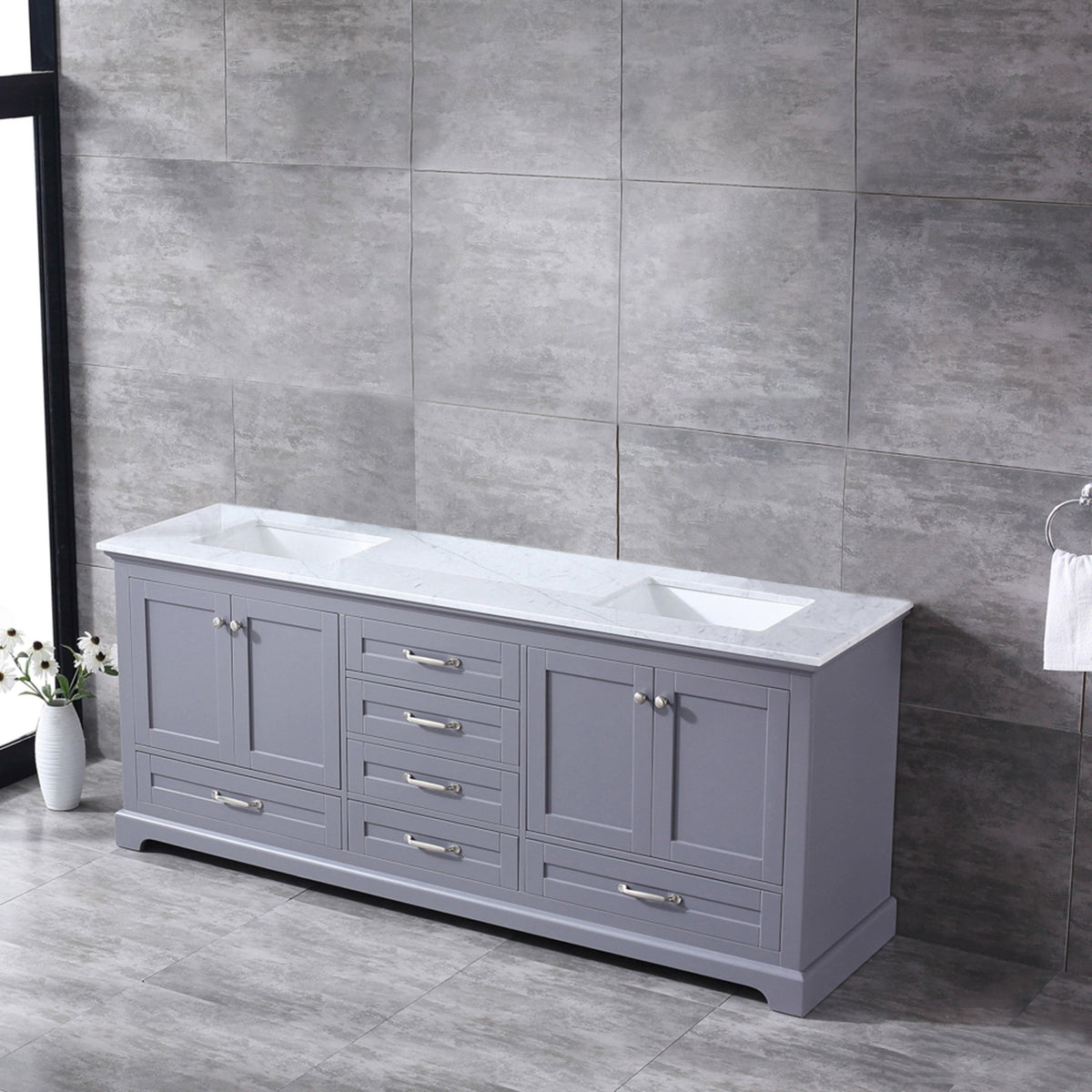 Dukes 80" White, Dark Grey, Navy Blue or Espresso Double Vanity, Available with White Carrara Marble Top, White Square Sink, 30" LED Mirror and Faucet - The Bath Vanities
