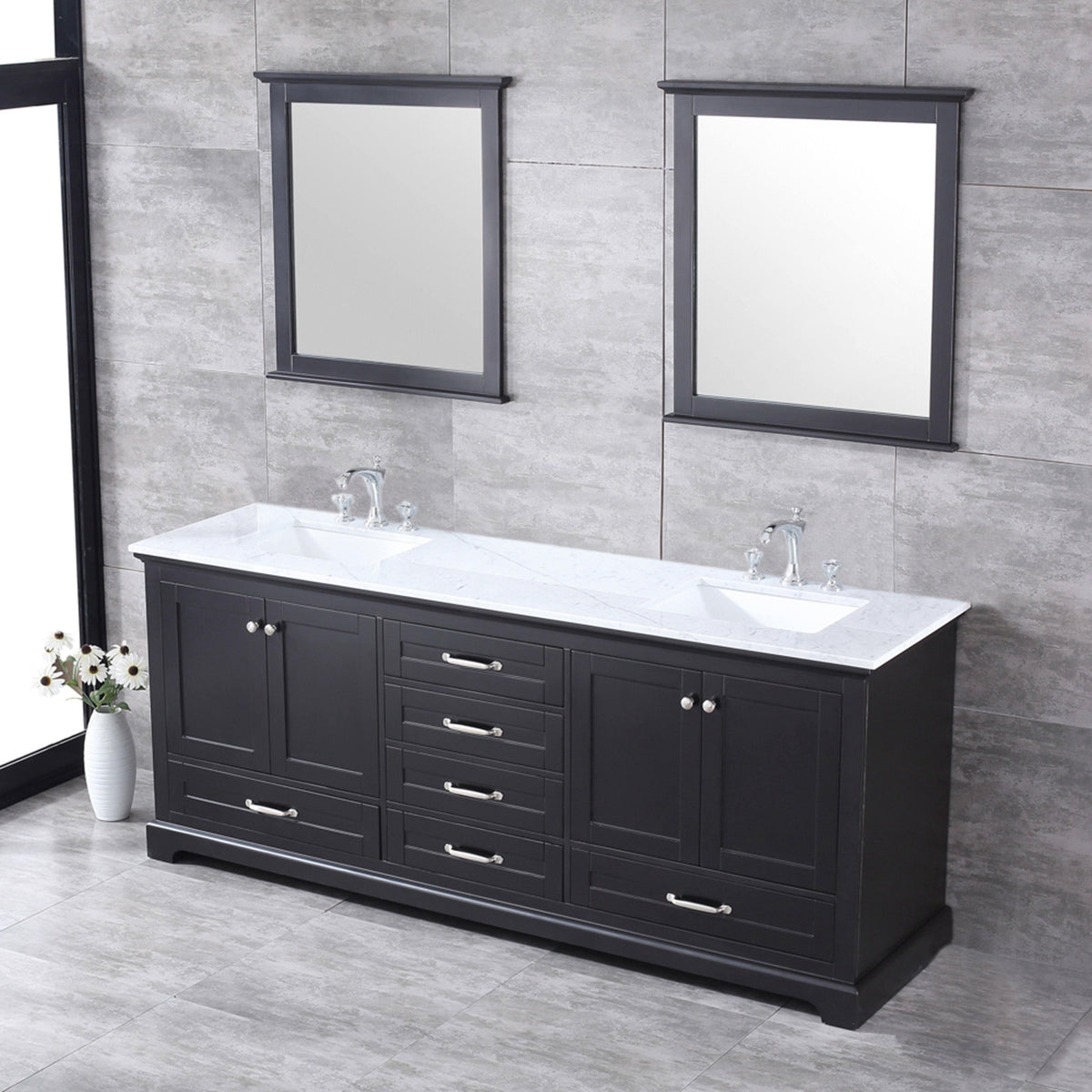 Dukes 80" White, Dark Grey, Navy Blue or Espresso Double Vanity, Available with White Carrara Marble Top, White Square Sink, 30" LED Mirror and Faucet - The Bath Vanities