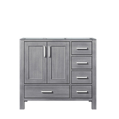 Jacques 36" White, Dark Grey, Distressed Grey, Navy Blue Single Vanity, Available with White Carrara Marble Top, White Square Sink and 34" Mirror and Faucet-Left Version - The Bath Vanities