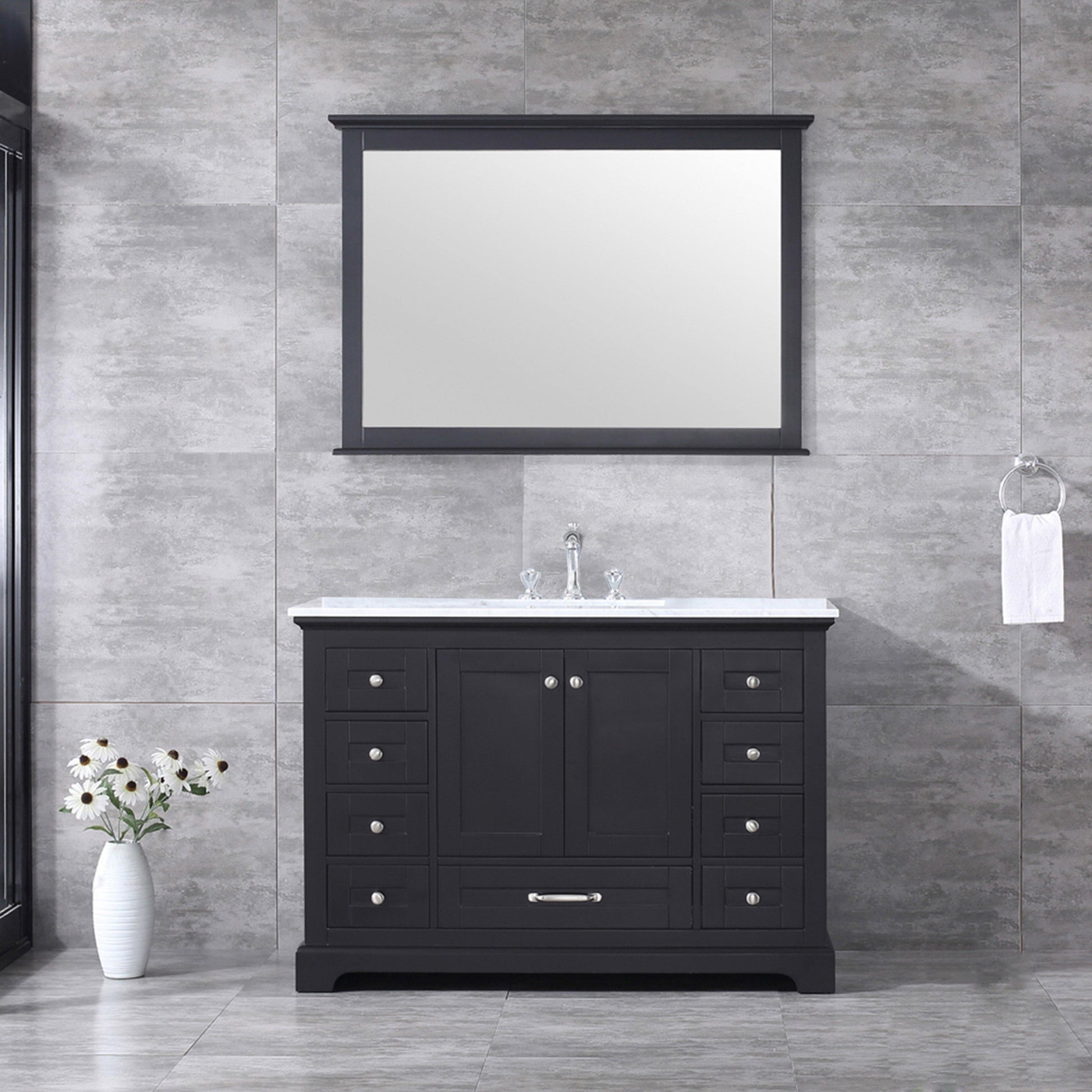 Dukes 48" White, Dark Grey, Navy Blue or Espresso Single Vanity, Available with White Carrara Marble Top, White Square Sink, 36" LED Mirror and Faucet - The Bath Vanities