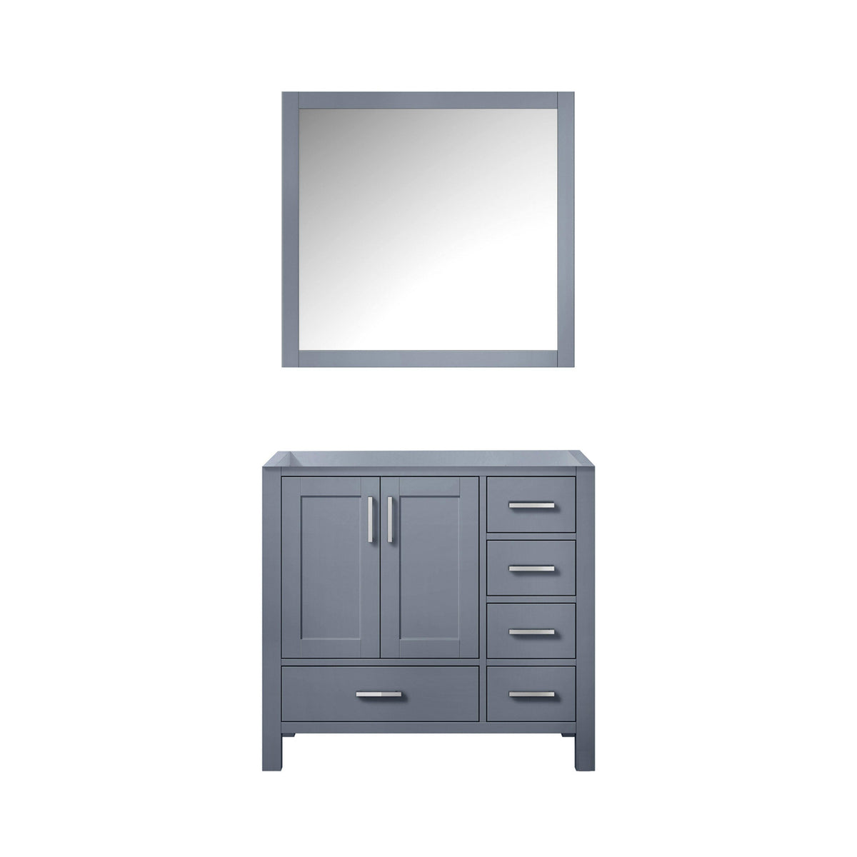 Jacques 36" White, Dark Grey, Distressed Grey, Navy Blue Single Vanity, Available with White Carrara Marble Top, White Square Sink and 34" Mirror and Faucet-Left Version - The Bath Vanities