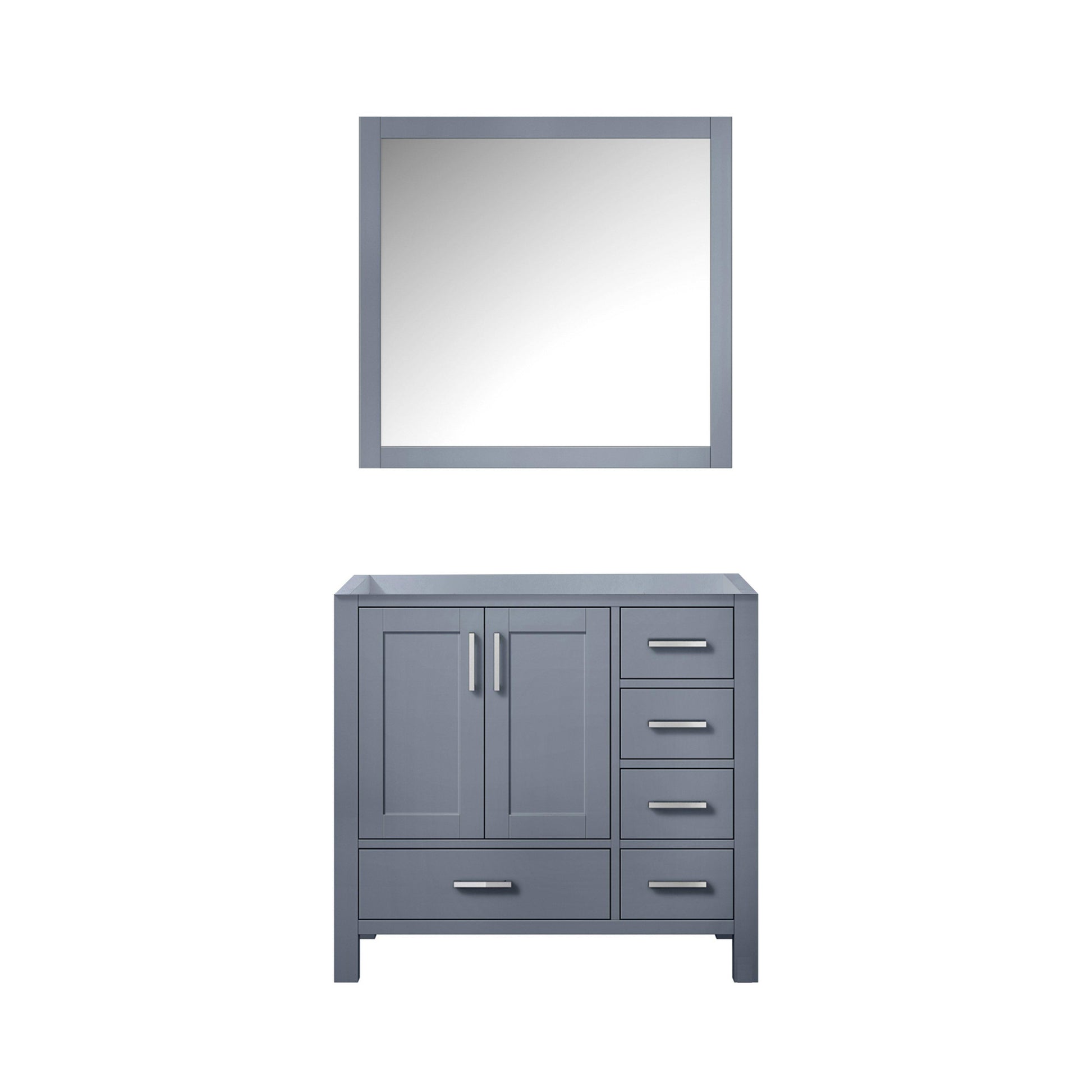 Jacques 36" White, Dark Grey, Distressed Grey, Navy Blue Single Vanity, Available with White Carrara Marble Top, White Square Sink and 34" Mirror and Faucet-Left Version - The Bath Vanities