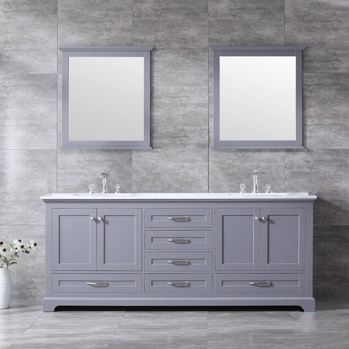 Dukes 80" White, Dark Grey, Navy Blue or Espresso Double Vanity, Available with White Carrara Marble Top, White Square Sink, 30" LED Mirror and Faucet - The Bath Vanities