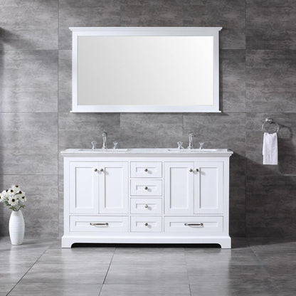 Dukes 60" White, Dark Grey, Navy Blue or Espresso Double Vanity, Available with White Carrara Marble Top, White Square Sink, 58" LED Mirror and Faucet - The Bath Vanities