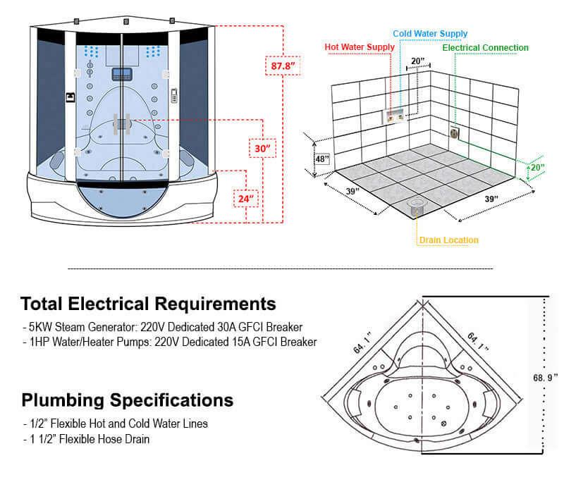 Maya Bath The Superior Steam Shower whirlpool bathtub 64" x 64"- White Spec