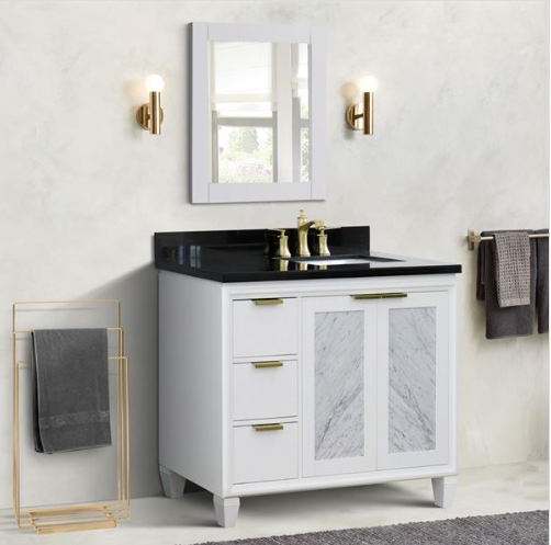 Bellaterra 43" Single White Vanity- Right Door/Right Rectangle Sink 400990-43R-WH Black Top