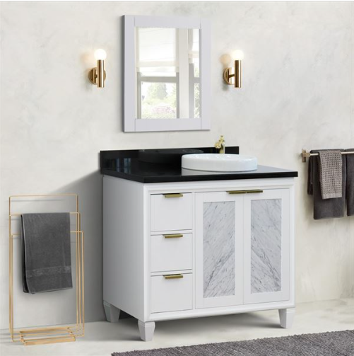 Bellaterra 43" Single White Vanity- Right Door/Right Round Sink 400990-43R-WH Black Top