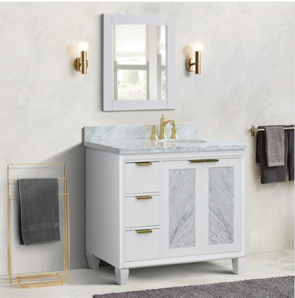 Bellaterra 43" Single White Vanity- Right Door/Right Oval Sink 400990-43R-WH Carrara Top