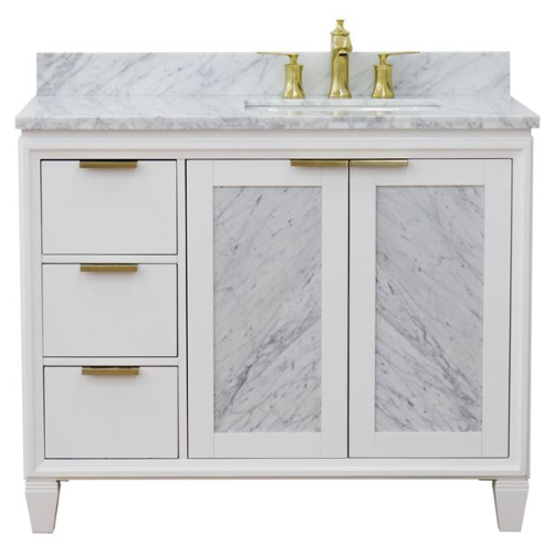 Bellaterra 43" Single White Vanity- Right Door/Right Rectangle Sink 400990-43R-WH Carrara Top