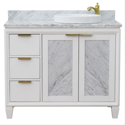 Bellaterra 43" Single White Vanity- Right Door/Right Round Sink 400990-43R-WH Carrara Top