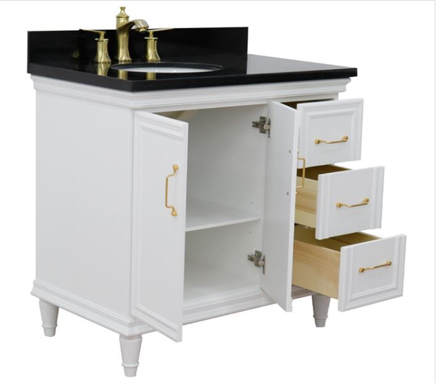 Bellaterra White 37" Single Vanity Black Top and Left Oval Sink Door 