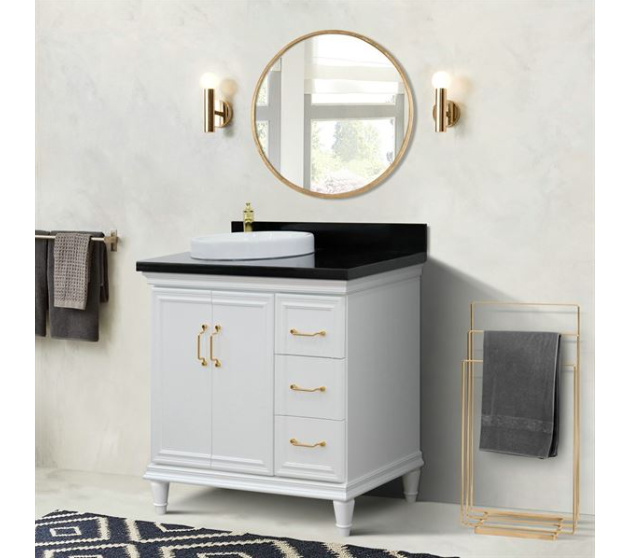 Bellaterra White 37" Single Vanity Black Top and Left round  Sink Door 