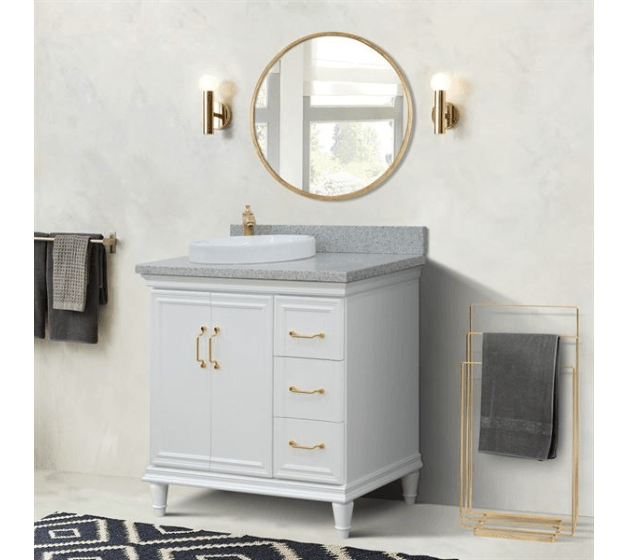 Bellaterra White 37" Single Vanity Gray Top and Left Round Sink Door 