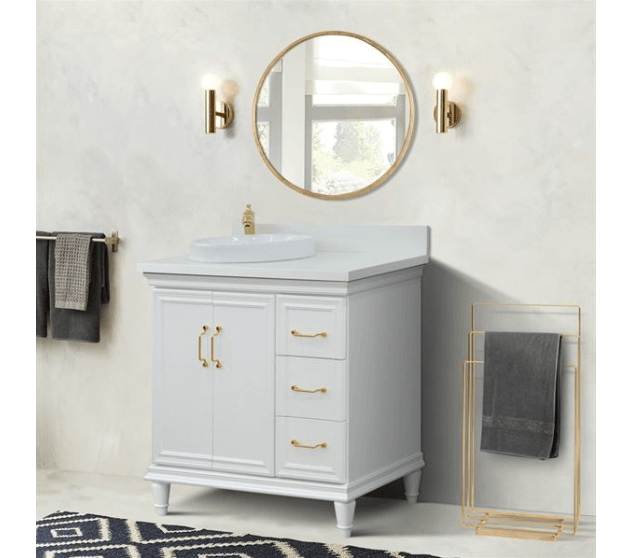 Bellaterra White 37" Single Vanity White Quartz Top and Left Round Sink Door 