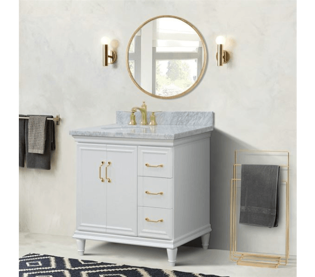 Bellaterra White 37" Single Vanity White Cararra Top and Left Door Oval Sink 