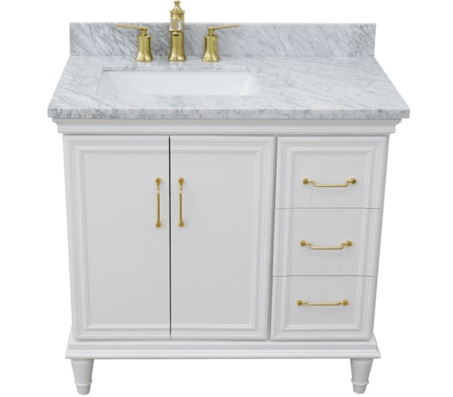 Bellaterra White 37" Single Vanity White Cararra Top and Left Door RectangleSink 