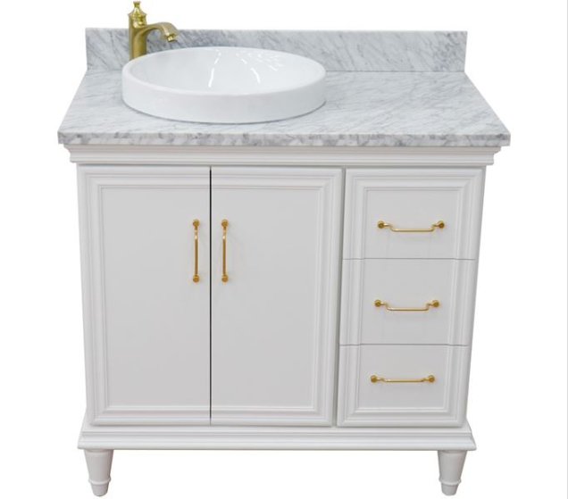 Bellaterra White 37" Single Vanity White Cararra Top and Left Door Round Sink 