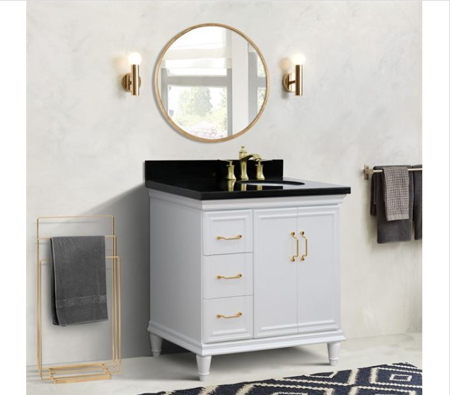 Bellaterra White 37" Single Vanity Black Top Right Door Oval Sink-400800-37R-WH