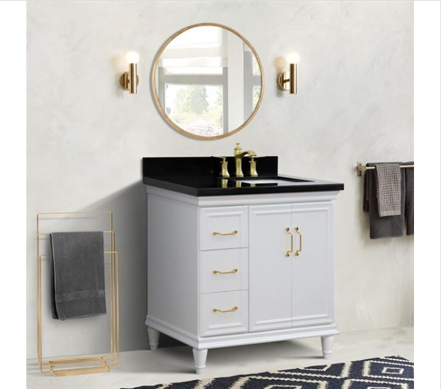 Bellaterra White 37" Single Vanity Black Top Right Door Rectangle Sink-400800-37R-WH